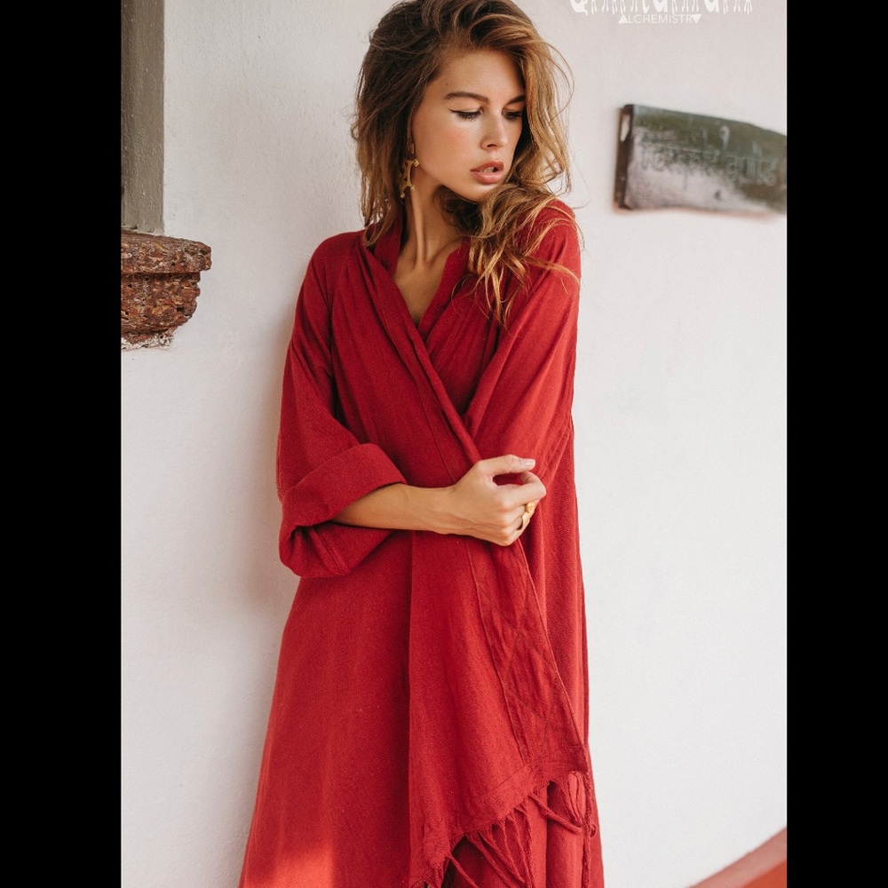 Raw Cotton Fringe Kimono Cardigan ∆ Robe Jacket (Red Ochre) NWOT - Picture 6 of 7